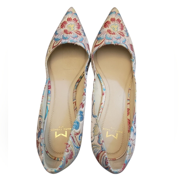 Marc Fisher Zala Pointed Toe Pumps Block Heel Floral Brocade Leather Used 6 - Picture 9 of 15